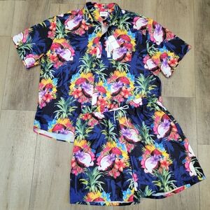 Tunevuse 2‎ Piece Set 4XL Shorts Button Up Short Sleeve Shirt Tropical Oversized